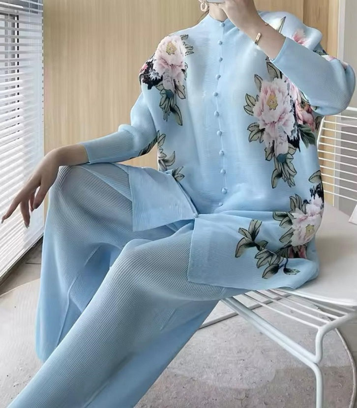 Floral button down co-ord set (Light blue)