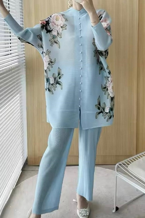 Floral button down co-ord set (Light blue)