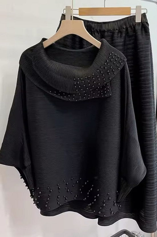 Bead embellished cowl neck co-ord set (Black)
