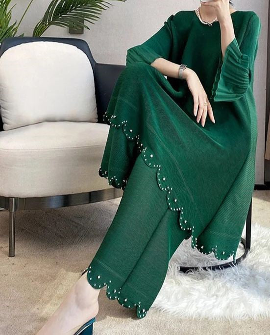 Scallop and pearl embellished co-ord set (Dark Green)