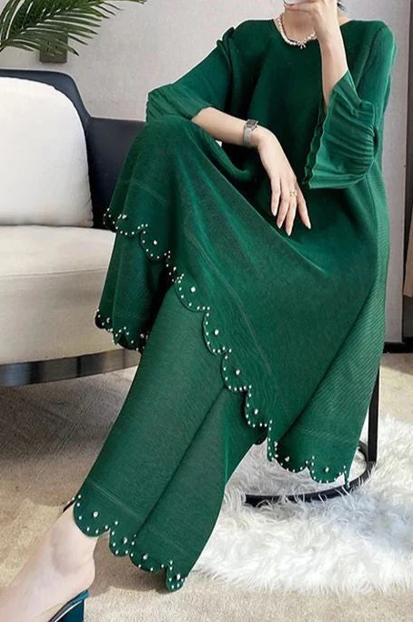 Scallop and pearl embellished co-ord set (Dark Green)