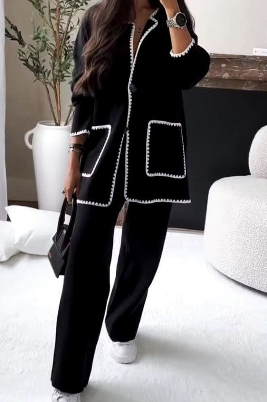 Knitted co-ord set with contrast trim (Black)