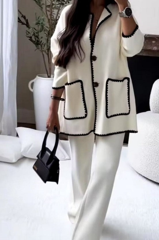 Knitted co-ord set with contrast trim (White)