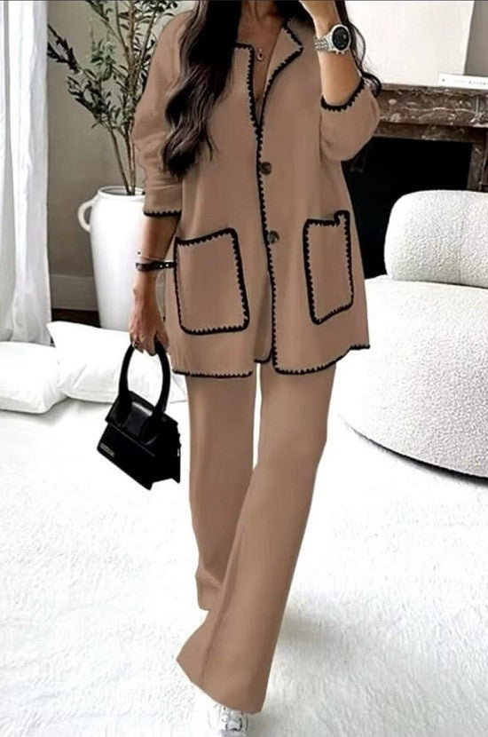 Knitted Co-ord set with Contrast Trim (Beige)