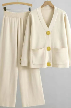 Knitted Sweater set with Gold Buttons (Cream)