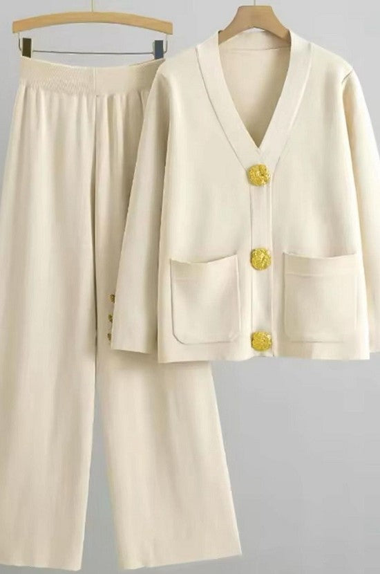 Knitted Sweater set with Gold Buttons (Cream)